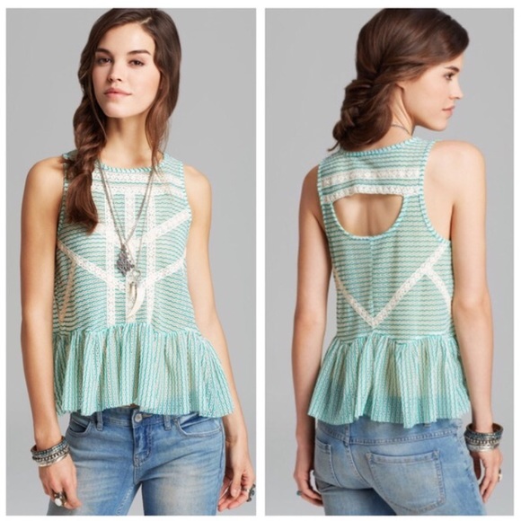 Free People Tops - Free People Green Lace & Stripe Peplum Top Sheer S